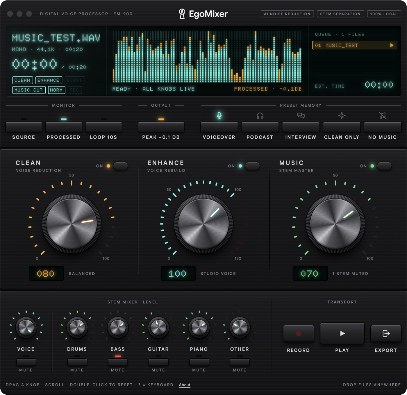 EgoMixer main panel: display, three channel knobs — Clean, Enhance, Music — and the six-stem mixer